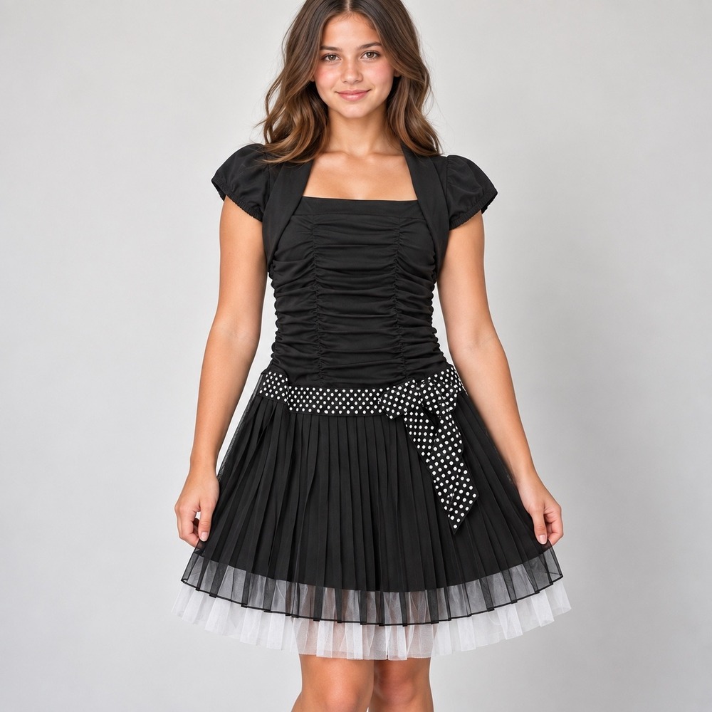 Amy Byer Girls Black Polka Dot Pleated Party Dress Size 14 NWT